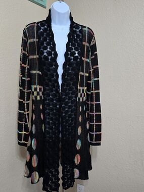 Black Open-Front Women's Cardigan with Multicolor Accents
